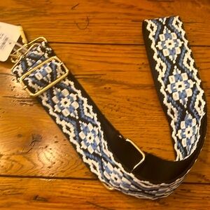 Handbag guitar strap. Black white and blue